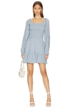 Smocked Ruffle Hem Dress Dusty Blue
