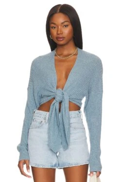 Tie Front Rib Cardigan Faded Denim