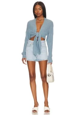 Tie Front Rib Cardigan Faded Denim -Hot Sale Clothing Store AUTU WK923 V4