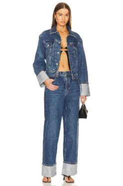 ALEXANDER WANG Rounded Trucker Jacket Crystal Cuff Deep Blue -Hot Sale Clothing Store AWAR WO3 V4