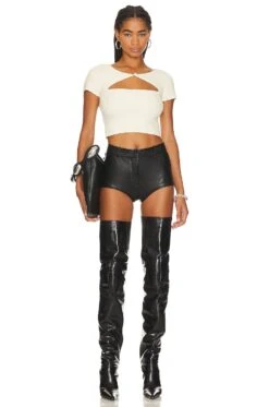 ALEXANDER WANG Boucle V Neck Cut Out Tee Vanilla Vice -Hot Sale Clothing Store AWAR WS27 V4