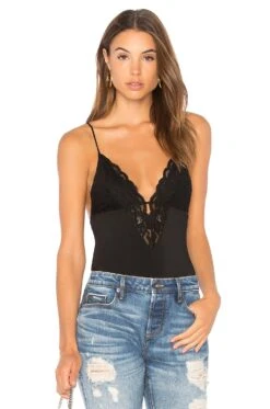 Fleur Du Mal Charlotte Lace V Neck Bodysuit Black