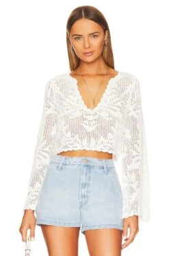 X REVOLVE Kameli Pointelle Cropped Sweater Ivory