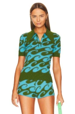 Peachskin Short Sleeve Polo Aqua & Palm Waves