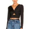 Twist Front Crop Top Long Sleeve Black -Hot Sale Clothing Store KISA WS316 V1