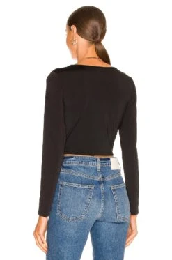 Twist Front Crop Top Long Sleeve Black -Hot Sale Clothing Store KISA WS316 V3