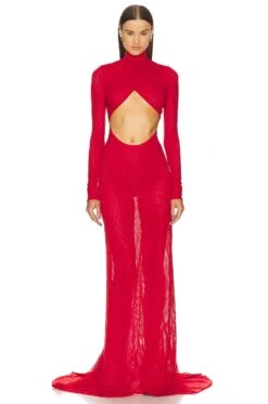 Red Long Sleeve Mock Neck Evening Gown With Front And Back Cutout Red
