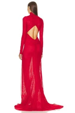 Red Long Sleeve Mock Neck Evening Gown With Front And Back Cutout Red -Hot Sale Clothing Store LAQH WD28 V3