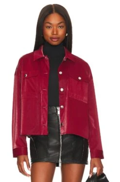 Textured Check Faux Leather Shacket Red