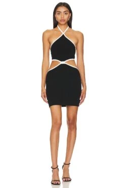 MILLY Contrast Trim Halter Mini Dress Black & Ecru