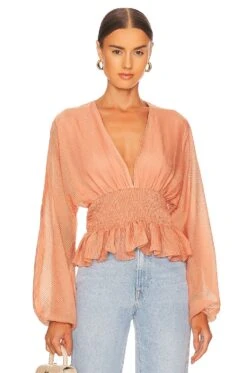 Minkpink Tahlia Shirred Blouse Terracotta