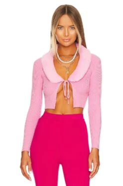 Millie Faux Fur Collar Cardigan Pink