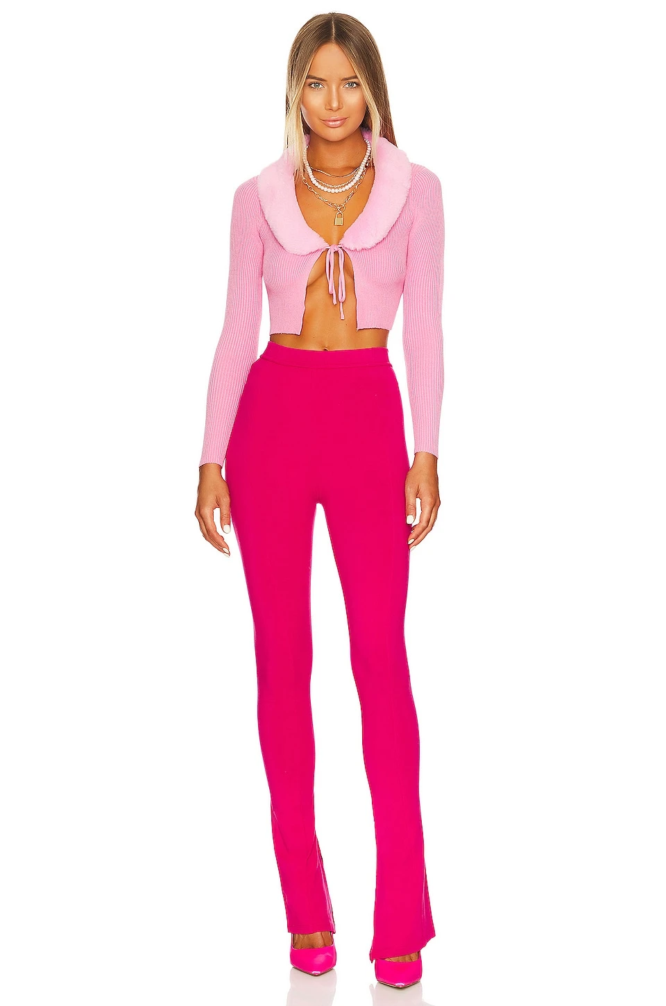 Millie Faux Fur Collar Cardigan Pink 6 Millie Faux Fur Collar Cardigan Pink - Image 4