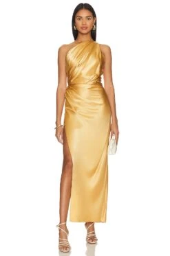 X REVOLVE Asymmetrical Draped Dress Gold